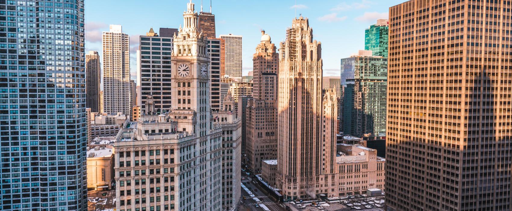 Aerial shot of Chicago buildings - Wrigley building