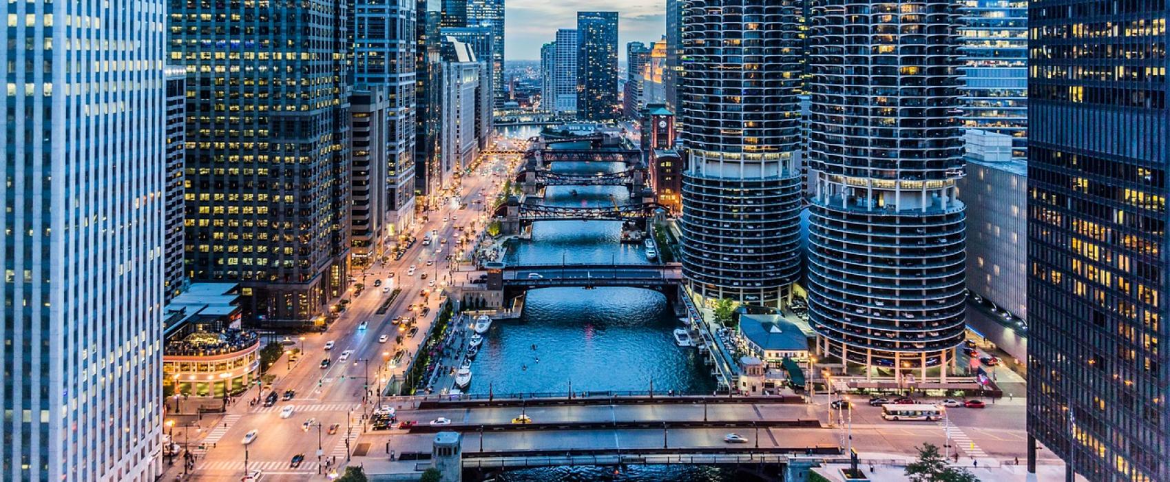 birds-eye view down Chicago river